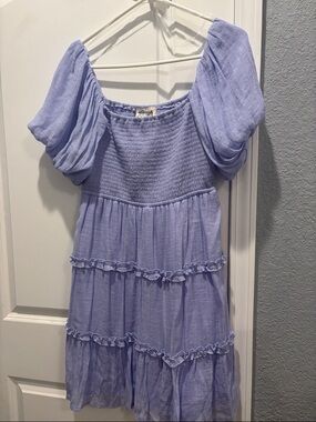 Lavender Puff-Sleeve Tiered Dress with Smocked Bodice